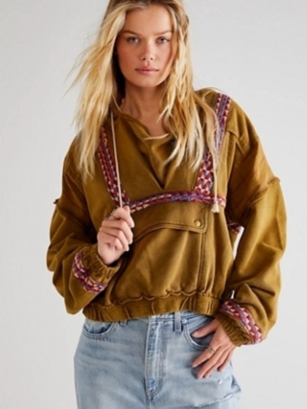 We The Free People Back Down Sweatshirt  Olive Green Embroidered Pullover Hoodie